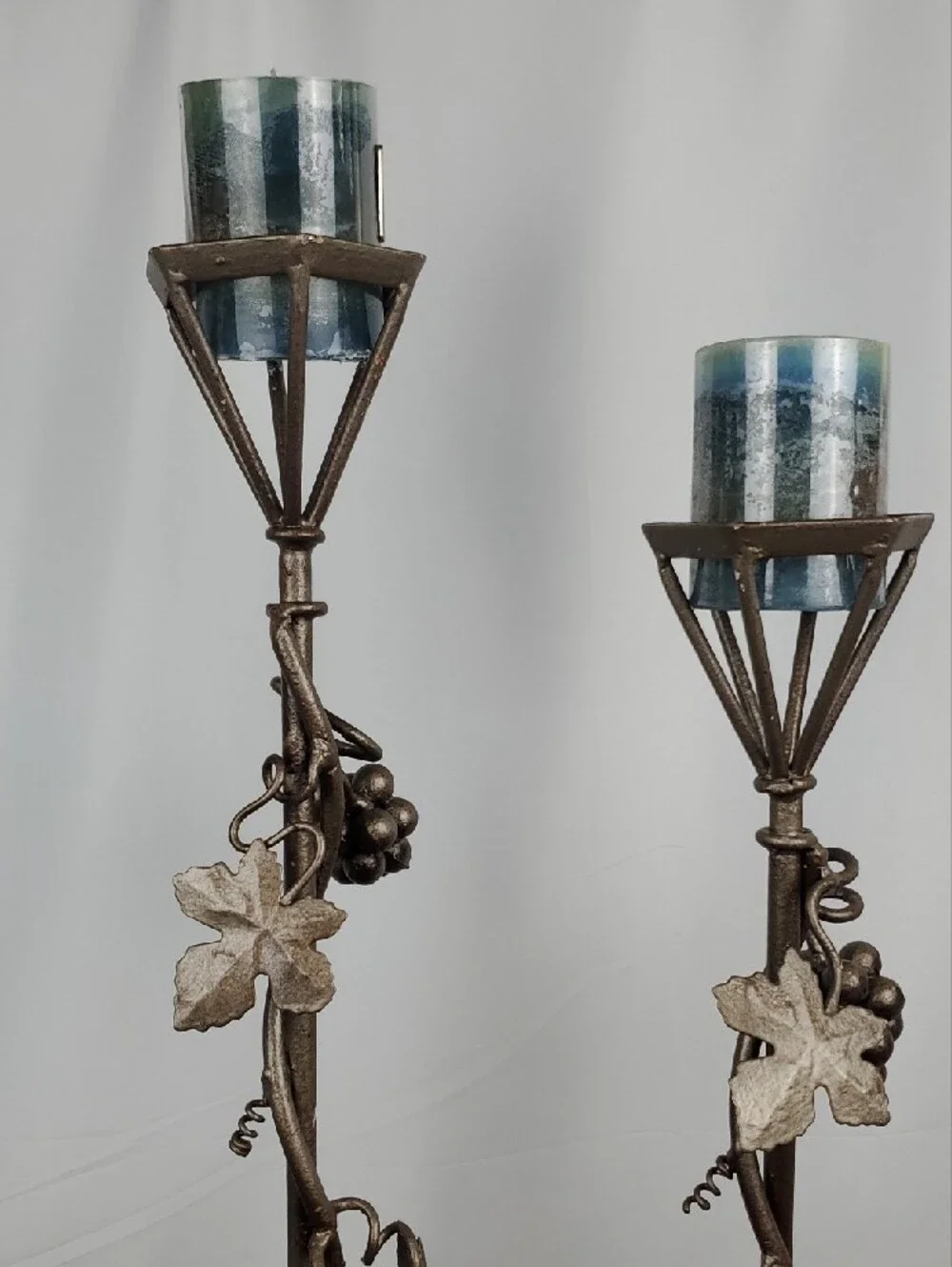 Grapevine Wrought Iron Candle Holders with Blue Glass Candles (Props) - Set of 2